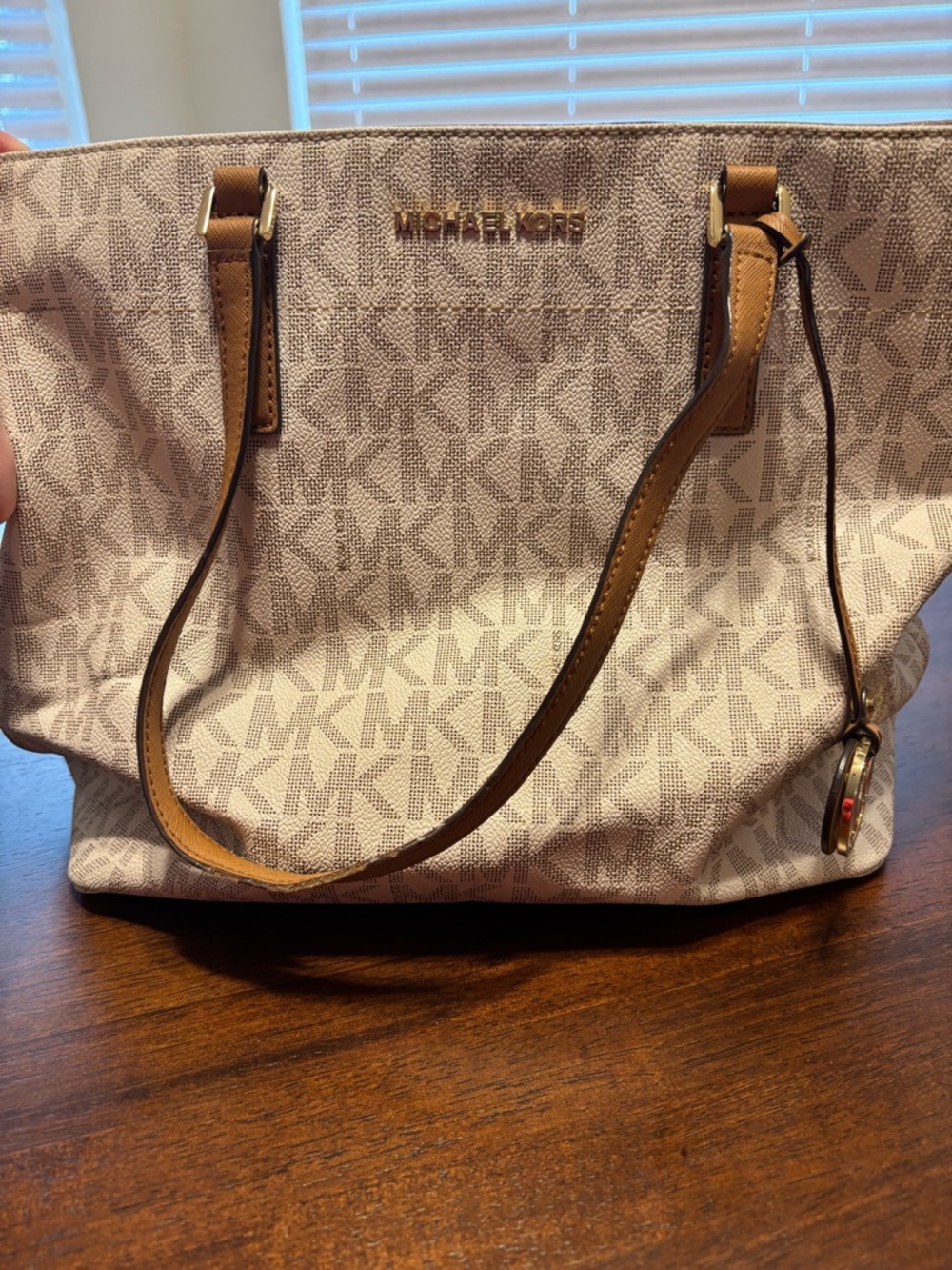Michael Kors Light Beige Signature MK Tote with Tan Straps